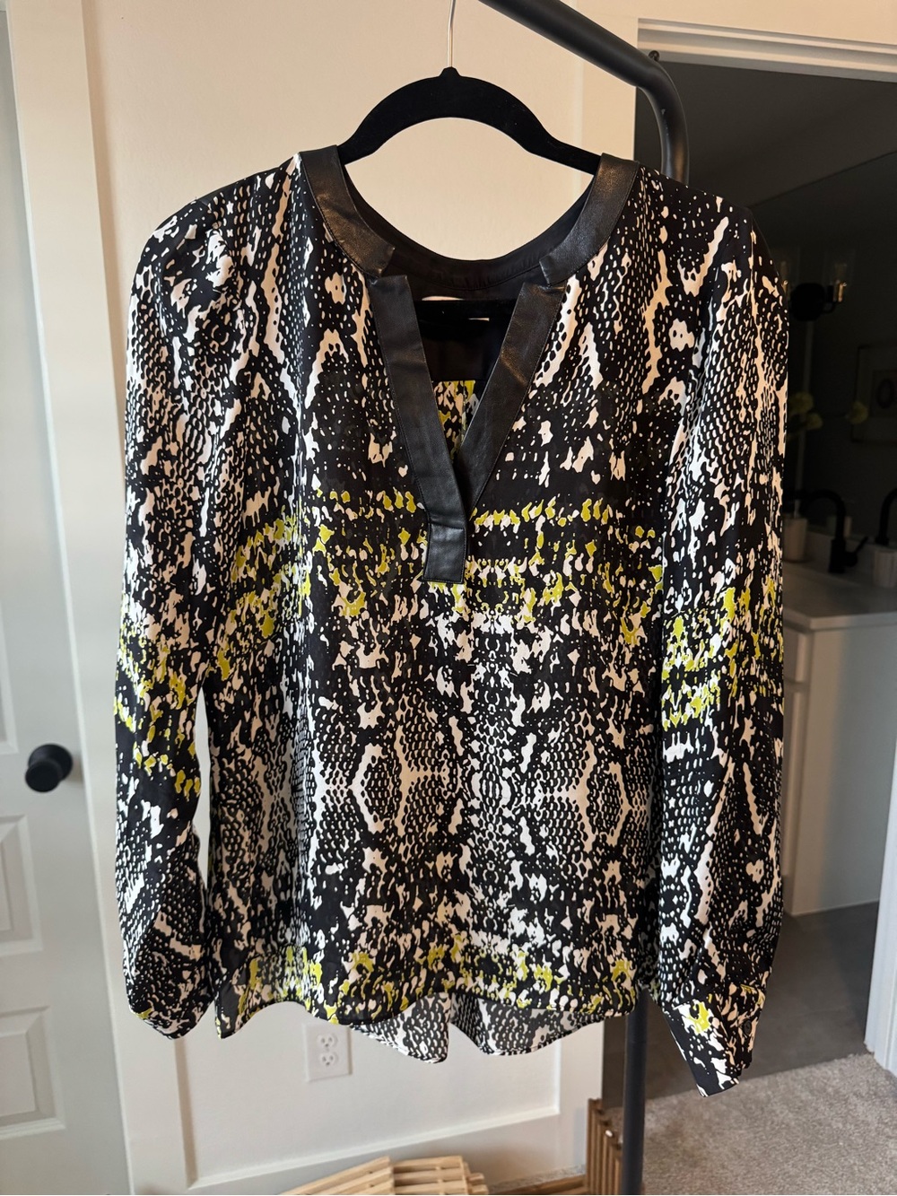 Parker Black & White Snake-Print V-Neck Blouse with Yellow Highlights